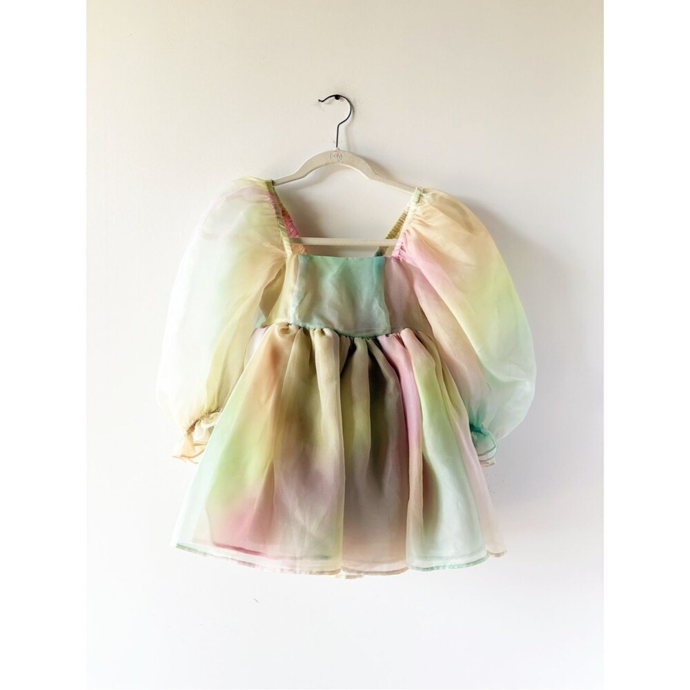 Selkie The Rainbow French Puff Organza Babydoll Mini Dress Pastel Watercolor S